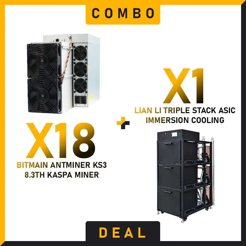 18 x Bitmain Antminer KS3 8.3Th + 1 x Lian Li Triple Stack ASIC Immersion Cooling Cabinet.